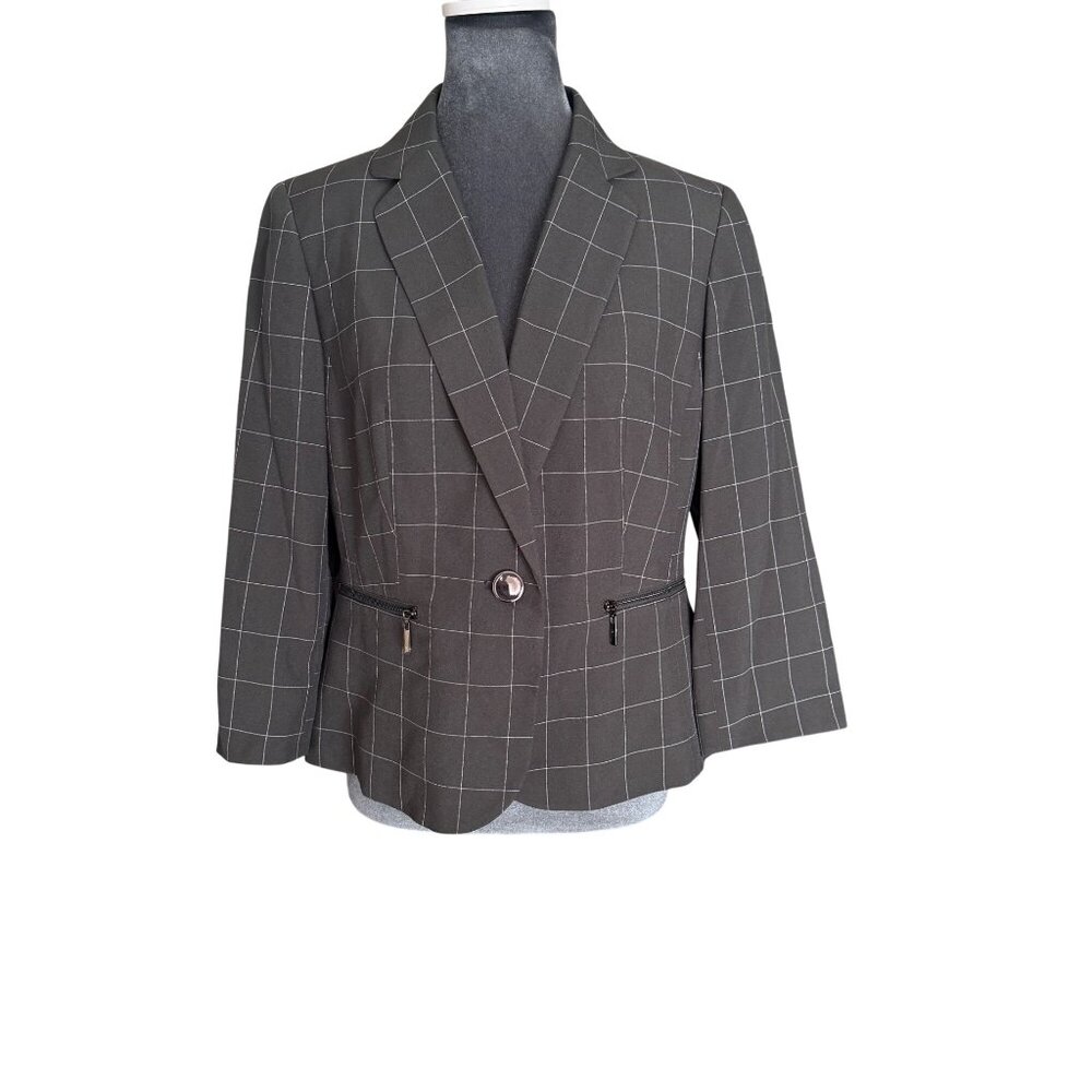 Le Suit Petite 10P Womens Gray Checked Blazer Jacket With Button Front & Zip Poc